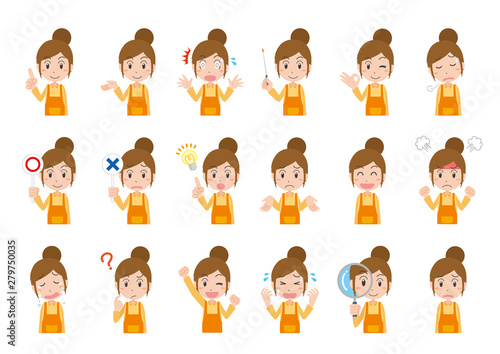 女性　エプロン　保育士　主婦　ポーズ　表情　感情　セット