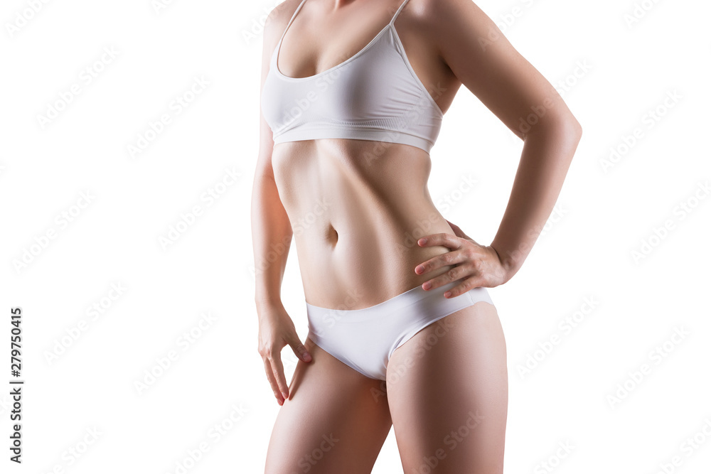 Slim woman in white underwear isolated on white background, perfect female body Slim woman in white underwear isolated on white background, perfect female body