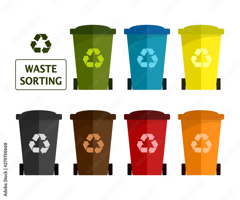 Set of flat colored garbage bin isolated on white background. Waste ...