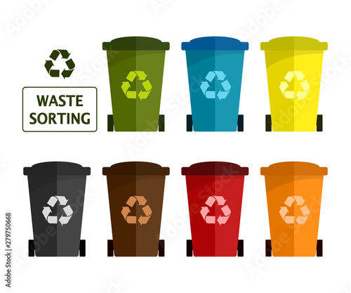 Set of flat colored garbage bin isolated on white background. Waste management concept. Waste sorting motivational vector illustration. Zero waste life style. For infographic poster or motivation card