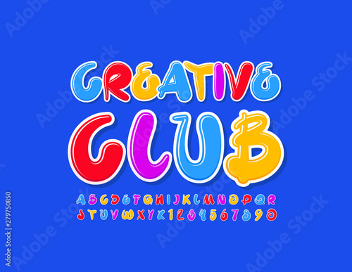Vector colorful logo Creative Club. Creative Uppercase Font. Bright handwritten Alphabet Letters and Numbers