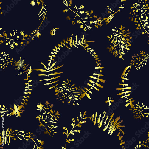 Vector floral seamless pattern with abstract leaves, buds and branches elements on black background.Circle wreath. Vogue gold floral texture for textile, wrapping paper, print design, clothes.