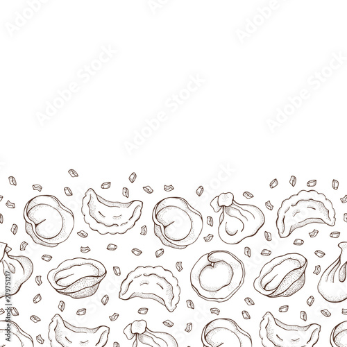 Seamless border of dumplings with spice. Ravioli. Vareniki. Pelmeni. Food. Cooking. National dishes. Products from the dough and meat. Sketch hand drawn background. Pattern for restaurant menu