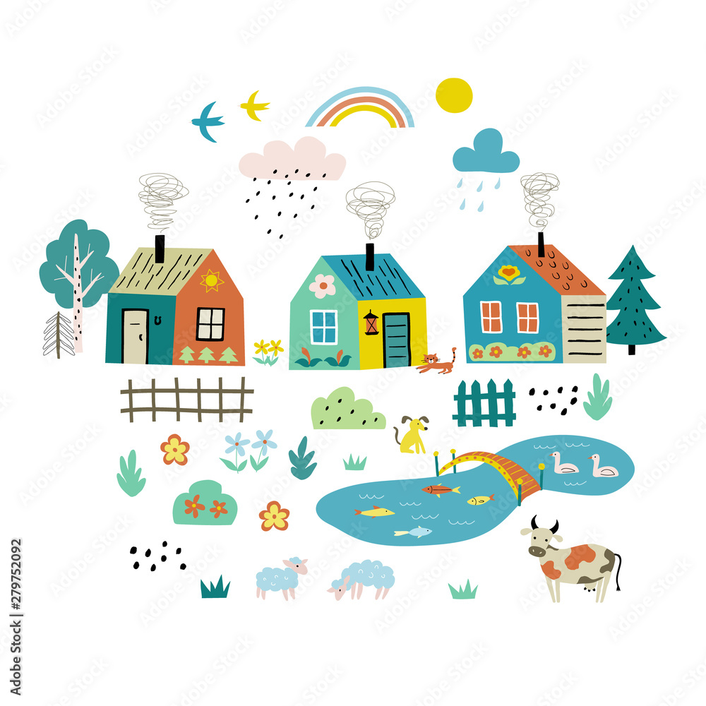 Cute cartoon village. Funny doodle farm landscape with country houses, trees, flowers, pets, pond. Hand drawn flat vector illustration, isolated on white.