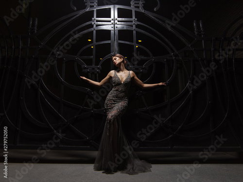 Passionate and attractive smartly dressed young woman in an expressive sparkling evening dress is posing near the big black wrought iron gate at night. Smart well-dressed glamour lady  photo