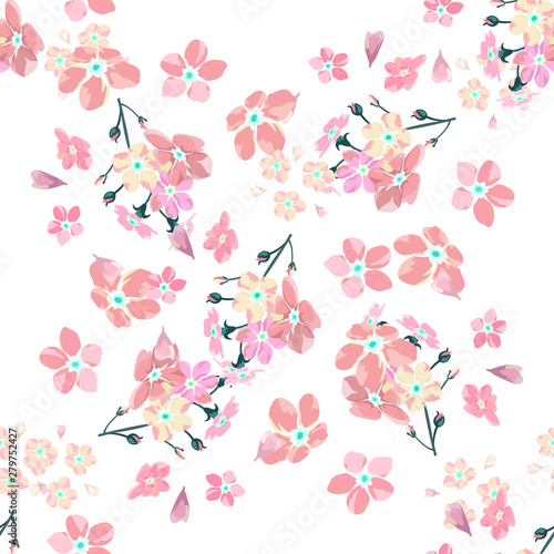 gentle little flowers and petals flying aside the botanical pattern of small colored wildflowers