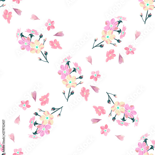 gentle little flowers and petals flying aside the botanical pattern of small colored wildflowers