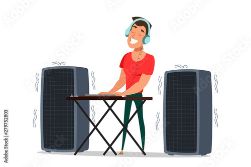 DJ playing music flat vector illustration