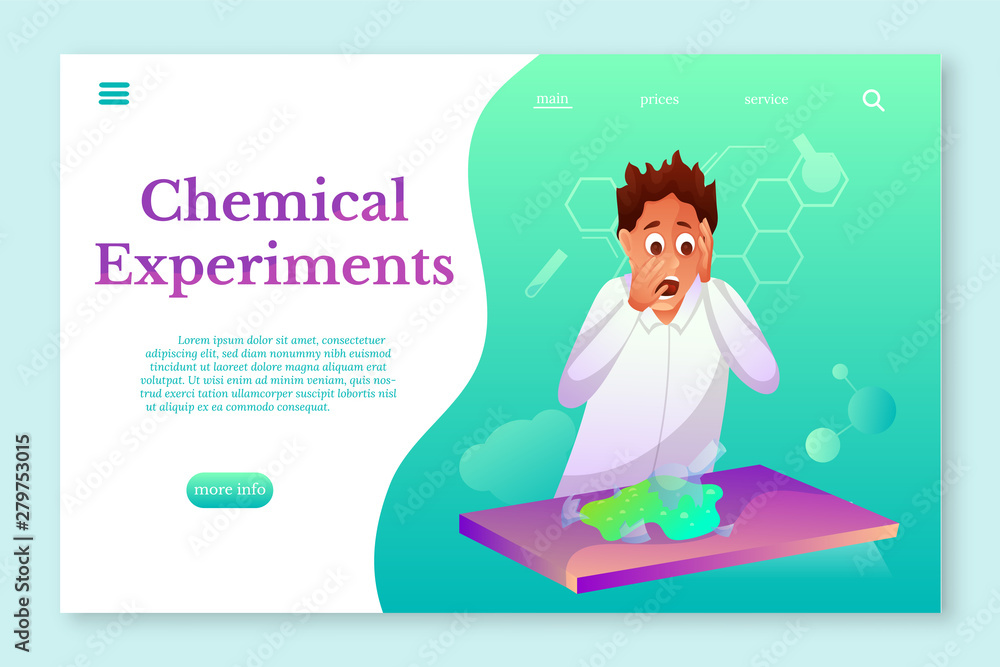 Chemical Experiments landing page template. Chemistry student flat character Chemical Experiments landing page template. Chemistry student flat character