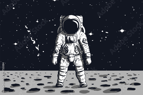 Astronaut on rock surface with space background. Vector image