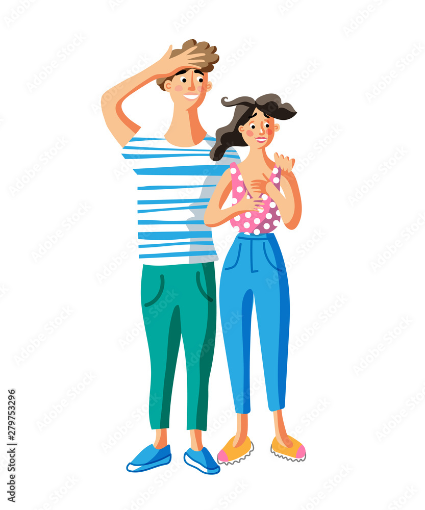 Astonished young couple flat vector illustration Astonished young couple flat vector illustration