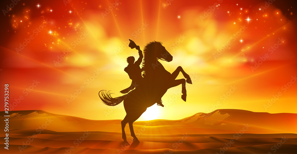 A cowboy riding a horse in silhouette against a desert landscape sunset background