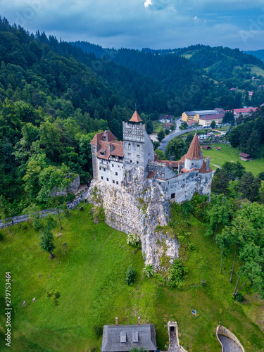Aerial panorama view of the medieval Bran Castle  known for the myth of Dracula   Dracula Castle in Brasov  Transylvania. Romania.