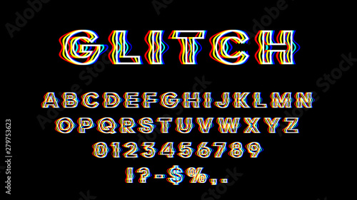 Obraz na płótnie Glitch font with distortion 3D effect. English letters, numbers and symbols with glitch effect. Yellow, red and blue channels. w salonie