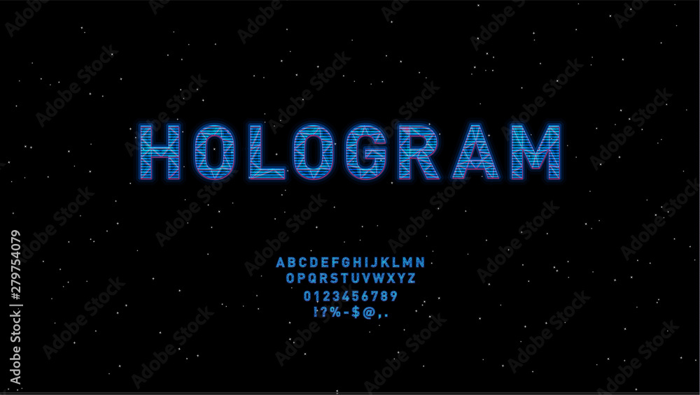 Futuristic Hologram HUD blue vector font design. English alphabet with hologram effect. Digital hi-tech style letters and symbols. Typography design for headlines, labels, posters, cover, music events