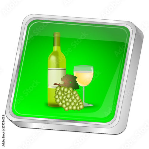 Button with wine bottle, a glass of wine and Grapes - 3D illustration