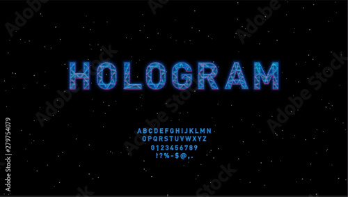 Obraz na płótnie Futuristic Hologram HUD blue vector font design. English alphabet with hologram effect. Digital hi-tech style letters and symbols. Typography design for headlines, labels, posters, cover, music events w salonie