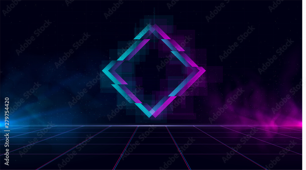 Synthwave vaporwave retrowave cyber landscape with sparkling glitch rhombus, laser grid, blue and purple glows with smoke and particles. Design for poster, cover, wallpaper, web, banner.