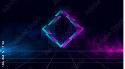 Obraz na płótnie Synthwave vaporwave retrowave cyber landscape with sparkling glitch rhombus, laser grid, blue and purple glows with smoke and particles. Design for poster, cover, wallpaper, web, banner. w salonie