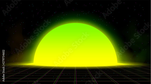 Synthwave vaporwave retrowave yellow green sunset background glitch laser grid, starry sky, yellow and green smoke. Design for poster, cover, wallpaper, web, banner, etc.