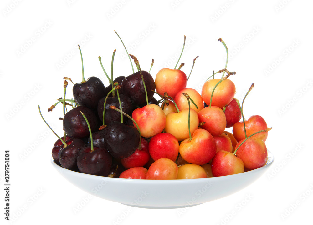 Porcelain bowl full of fresh organic Bing cherries and Rainer Cherries. Bing are dark red and very round, not to mention very sweet, Rainier are sweet and delicious and has a red and yellow color. Porcelain bowl full of fresh organic Bing cherries and Rainer Cherries. Bing are dark red and very round, not to mention very sweet, Rainier are sweet and delicious and has a red and yellow color.