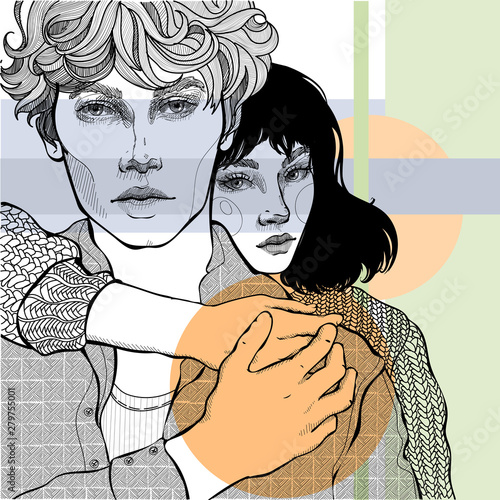  beautiful fashionable young couple man and woman boyfriend and girlfriend hugging and holding hands 