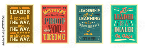 Motivational posters vector templates set. Inspirational retro placard designs for office, room. Leadership, self development, personal growth creative banners pack with stylized lettering