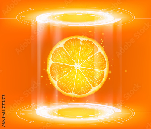 Orange slice on a technological futuristic user interface.