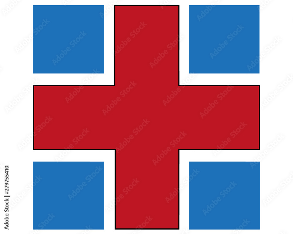 Red cross divided by blue squares. Logo sign. Vector illustration.