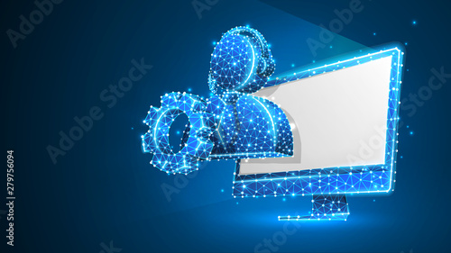 Support manager silhouette with a gear on white computer monitor. Consultant, problem-solution engine concept. Abstract, digital, wireframe, low poly mesh, Raster blue neon 3d illustration. Line dot
