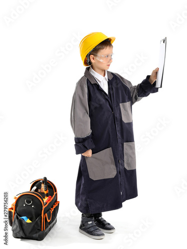 Cute little worker on white...