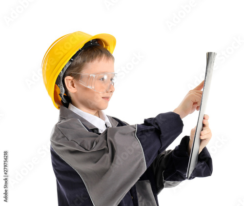 Cute little worker on white...