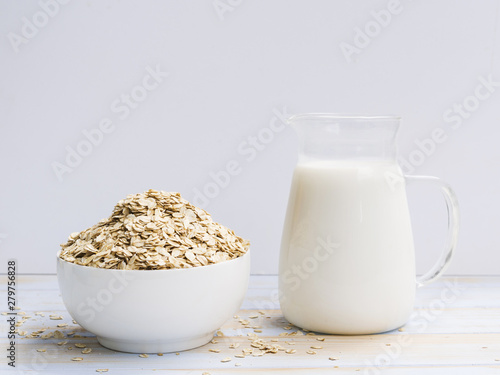 Breakfast with oatmeal bowl and milk