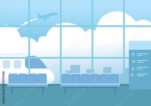 Airport interior, Waiting hall departure. Airport Terminal building. Monochrome mono color vector airport landscape. Background of hall at airport, Business travel concept. Flat vector illustration