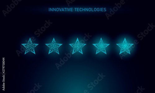Low poly five 5 stars rating product concept. Positive feedback client quality satisfaction good choice. Polygonal top service happy user experience vector illustration.