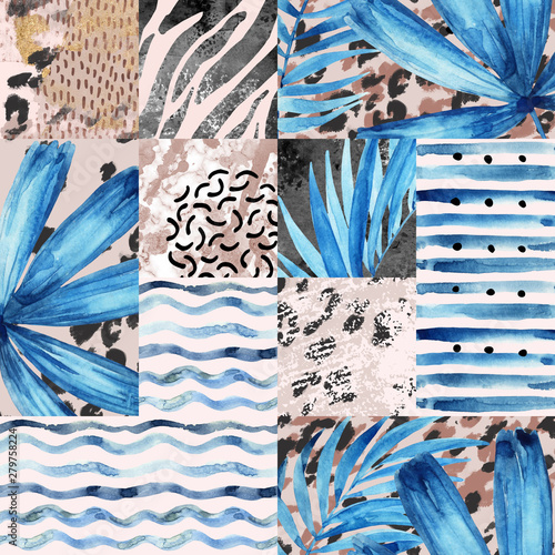 Hand painted water color palm leaves, stripes, animal print, doodles, grunge ...
