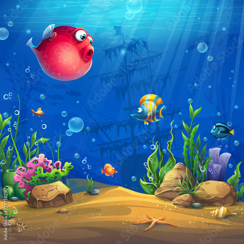 Vector cartoon background illustration of the underwater world