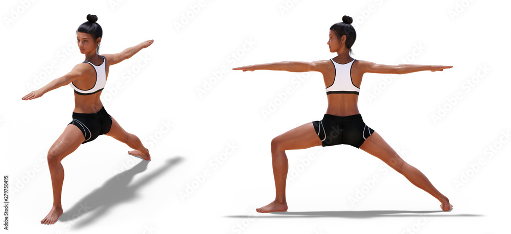 Front three-quarters and Left Profile Poses of a Woman in Yoga Warrior Two Pose