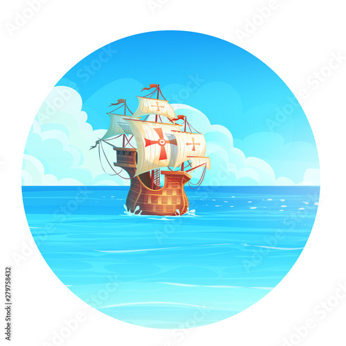 Vector cartoon background illustration of the ship in the ocean