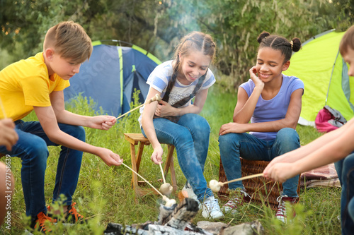 Children roasting mushrooms on fire at summer camp