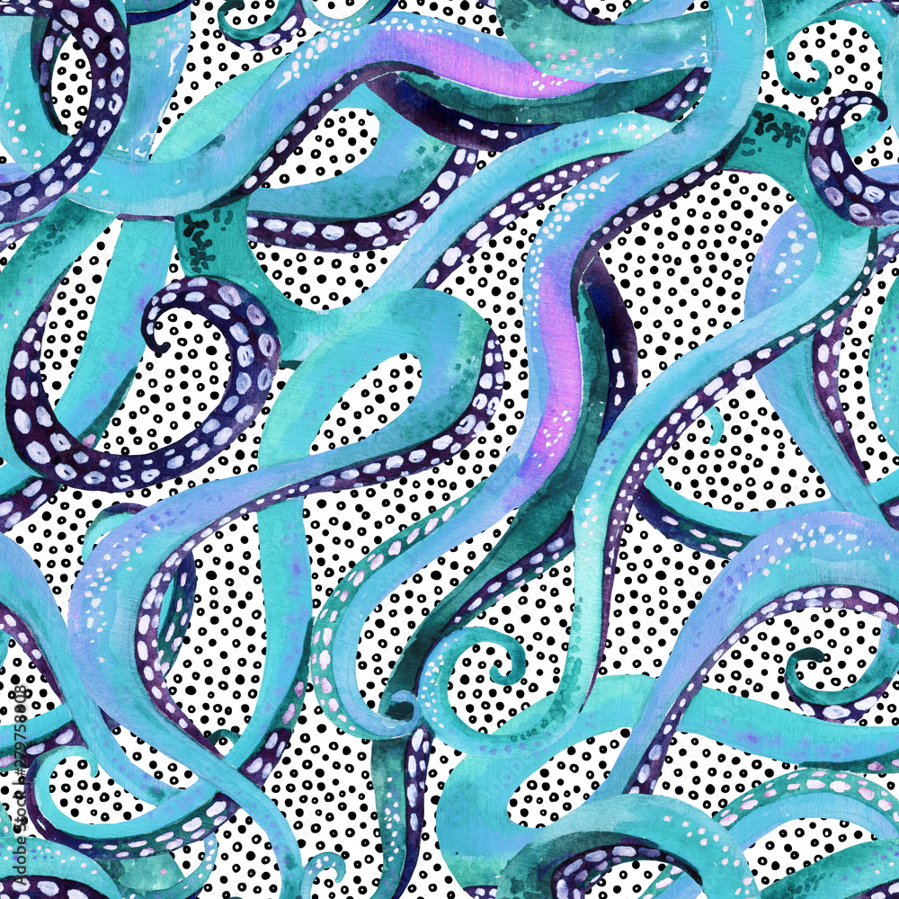 Watercolor octopus tentacles wallpaper. Seamless pattern of octopuses curly tentacles