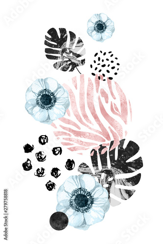 Watercolor Anemones flowers on geometric background with marbling, doodle tex...