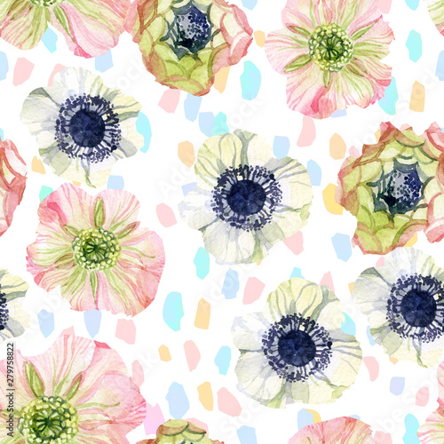 Abstract floral seamless pattern: hand drawn flowers, confetti in pastel colo...