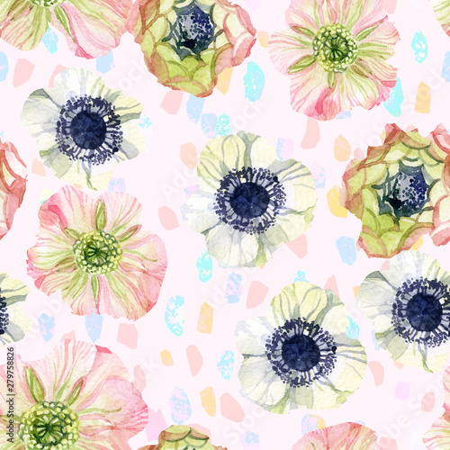 Abstract floral seamless pattern: hand drawn flowers, confetti in pastel colo...