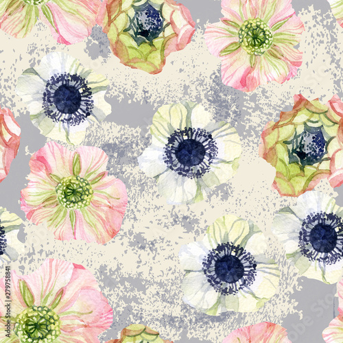Abstract floral seamless pattern: hand drawn watercolor flowers in pastel pin...