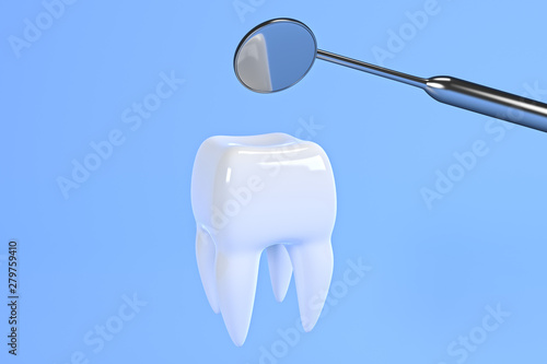 Image of a tooth on a blue background with a dentist tool. Dentist tool for inspect of the teeth. 3D rendering. © Dezaypro gmail com