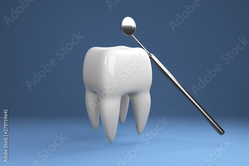 Image of a tooth on a blue background with a dentist s tools. Dentist tools for inspect of the teeth. 3D rendering.