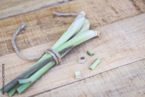 lemon grass on wooden background for herbs and vegetable natural