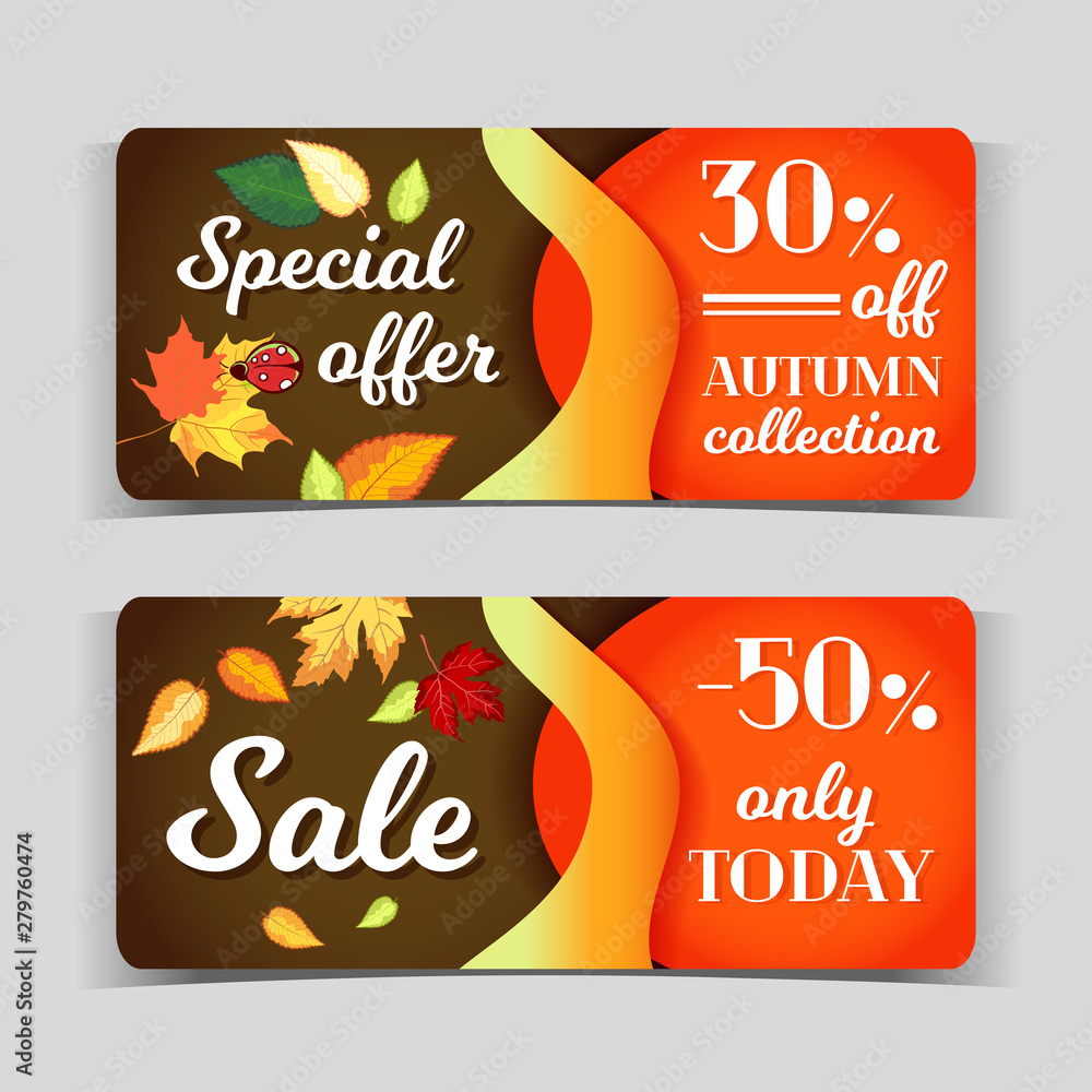 Set of sale banners with autumn leaves on gray background. Vector illustration