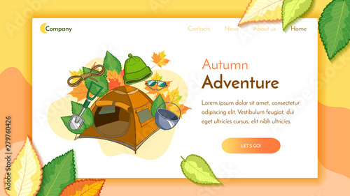 Landing page template. Camping equipment on autumn background. Bright vector illustration concept for websites